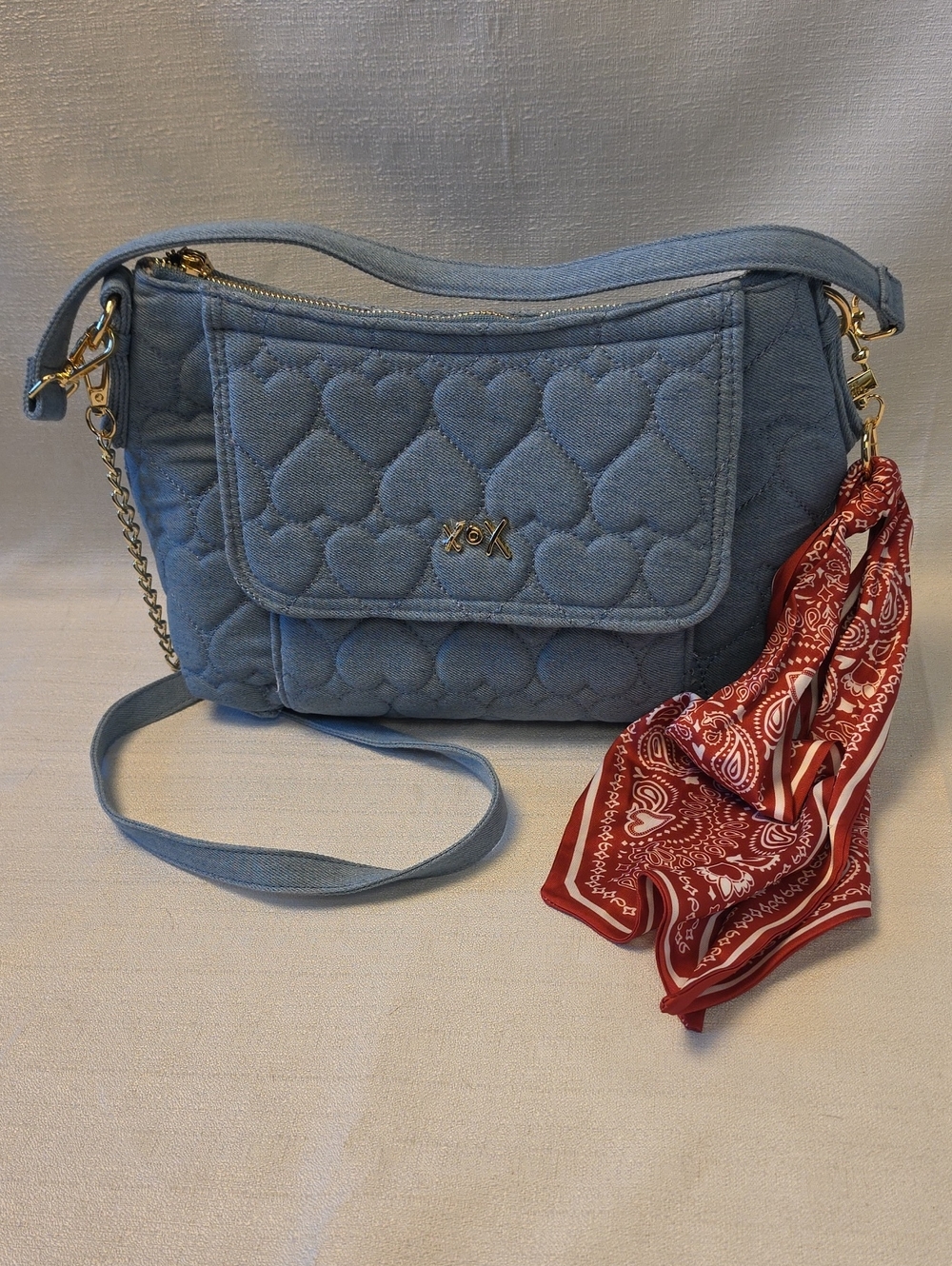 Betsey Johnson Light Blue Denim Adjustable Crossbody Bag with Quilted Hearts